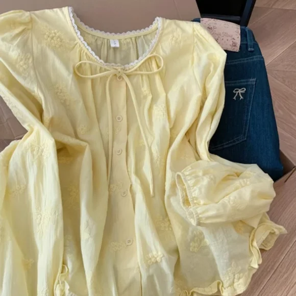 Yellow Embroidered Ruffle Blouse - Picture 3 of 5